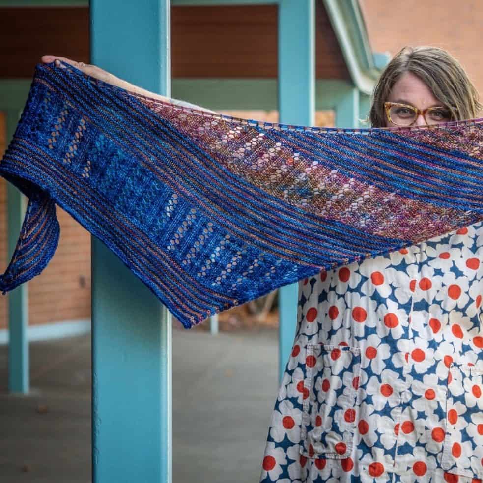We Belong Together shawl held out to show the patterning